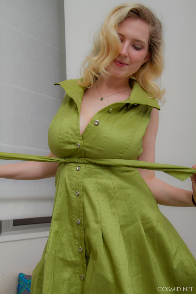 Mim Turner Cosmid Green Dress Busty Blonde Natural Tits Curvy Topless Strip