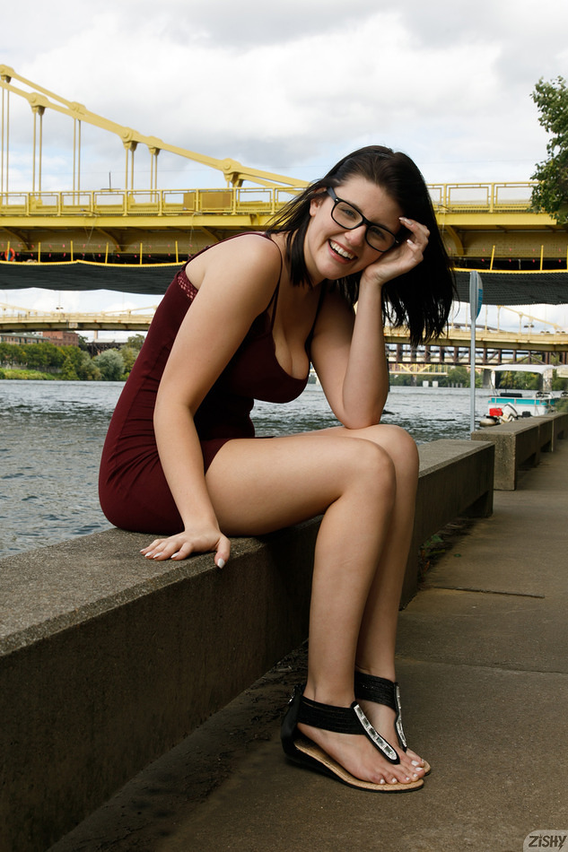 Michele James shows a lot of cleavage out by the water in Pittsburgh